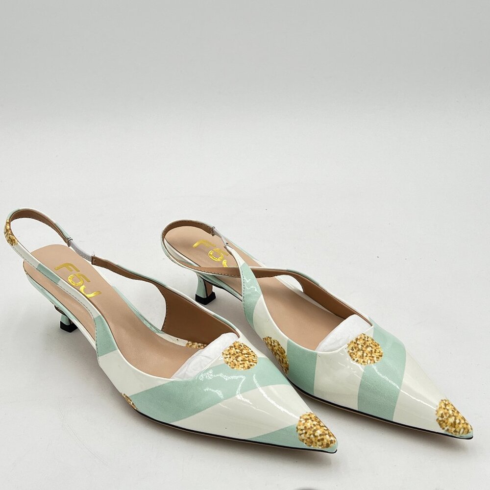 FSJ Mint Green Striped Kitten Heel Slingback Sandal Pointy Toe Sexy Pumps - Picture 4 of 8